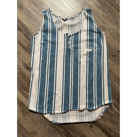 Vtg 90's Henley Tank Top Gimmie Women's Size Large Blue Stripe Beach Surf Cotton - Picture 1 of 6